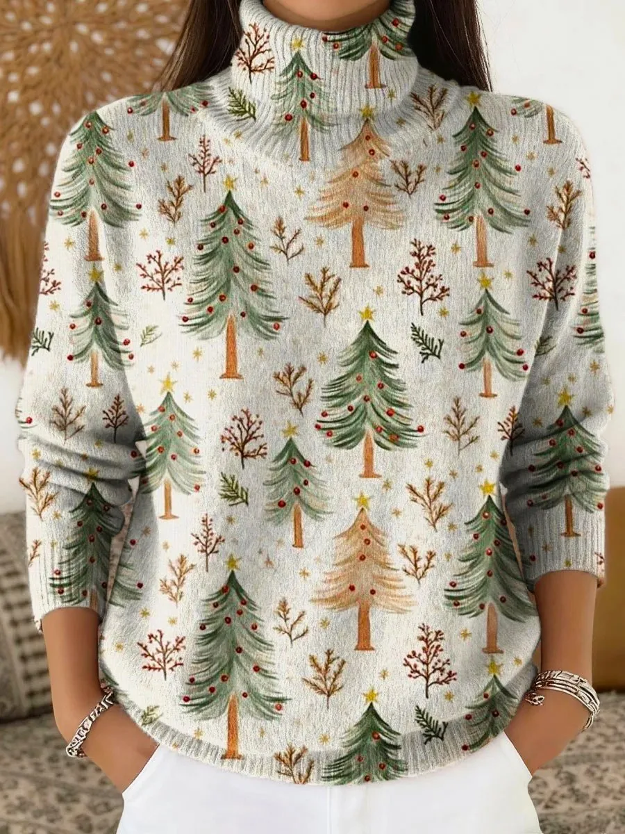 Loose Christmas Tree Boho Turtleneck Sweater