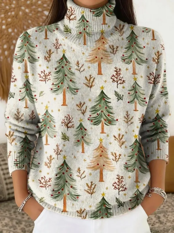 Loose Christmas Tree Boho Turtleneck Sweater