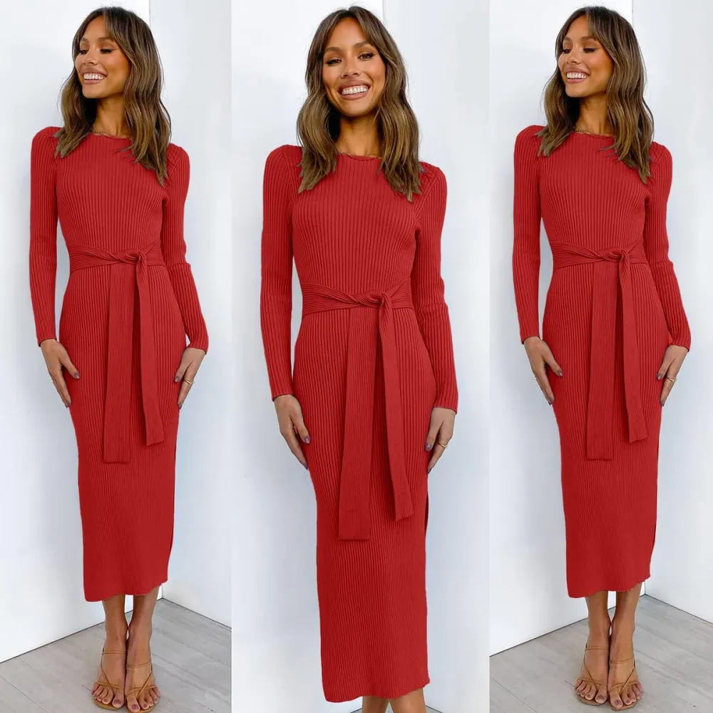 Long Sleeve Sweater Dress Crew Neck Slim Fit Slit Tie Waist 2024 Ribbed Knit Bodycon Midi Dress Fall Outfits