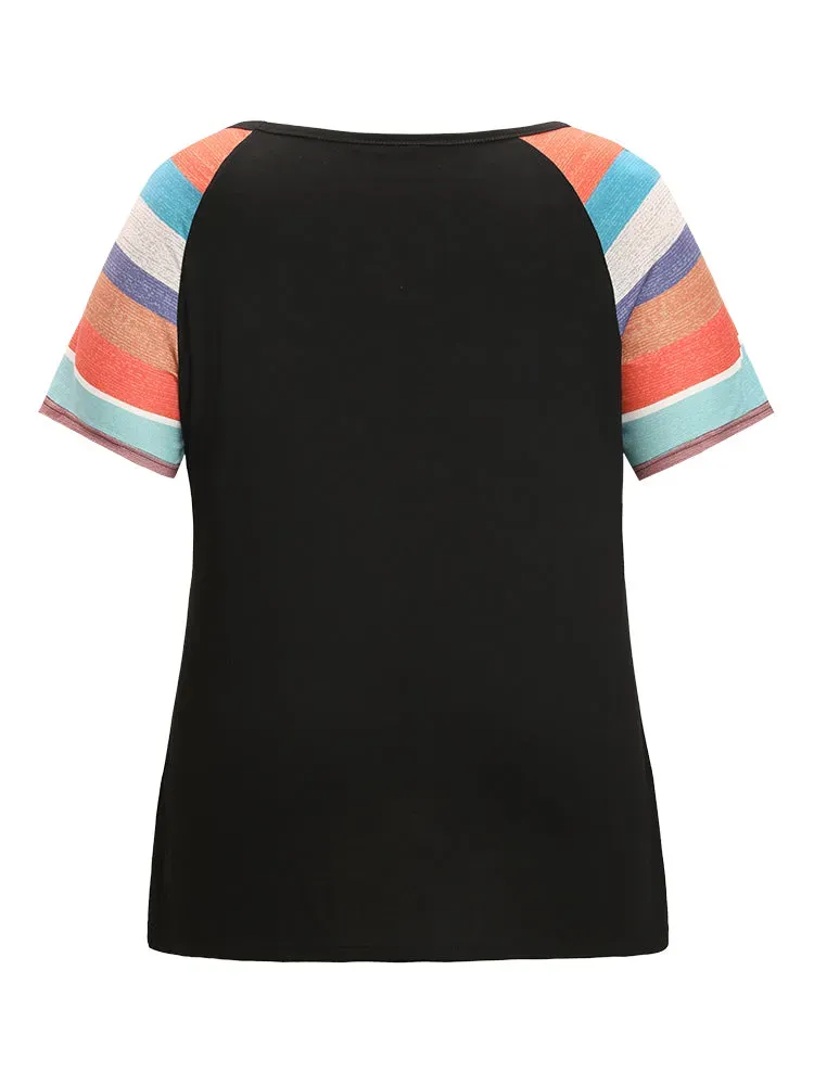 Striped Contrast Raglan Sleeve Round Neck T-shirt