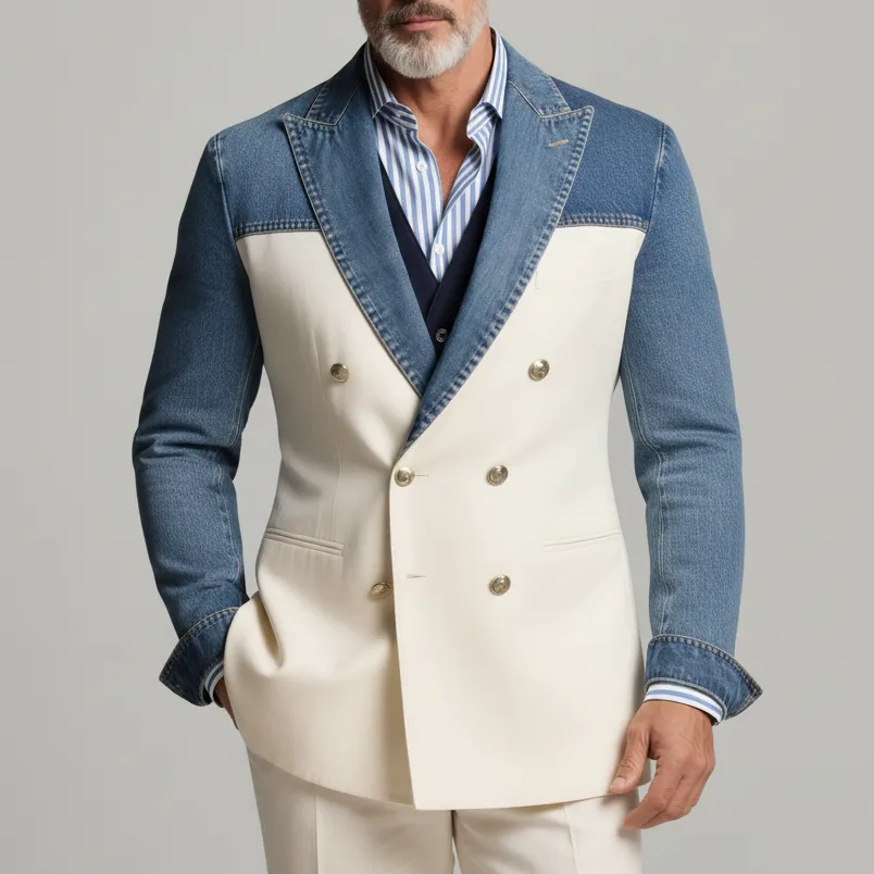 Men's Blue And White Denim Patchwork Peak Lapel Double Breasted Long Sleeve Blazer