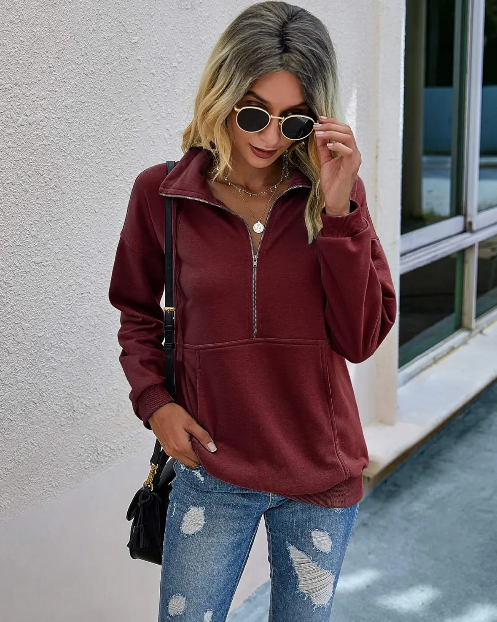 Women's Casual Long Sleeve Lapel Zipper Sweatshirt Drawstring Loose Pullover Tops