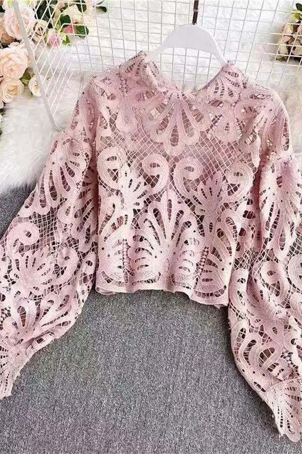 Hollow-Out Lace Irregular Blouse