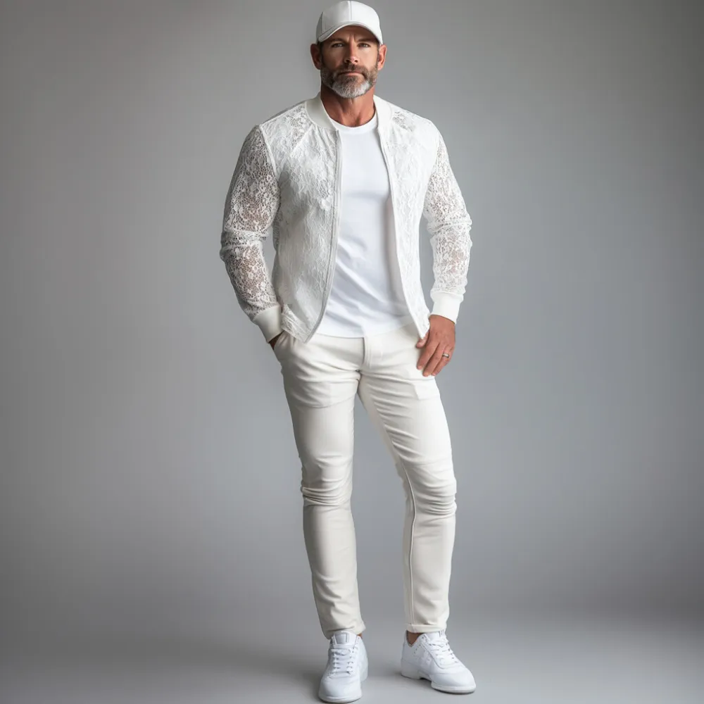 Men's Lace Hollow Out Long Sleeve Zip Up Bomber Jacket