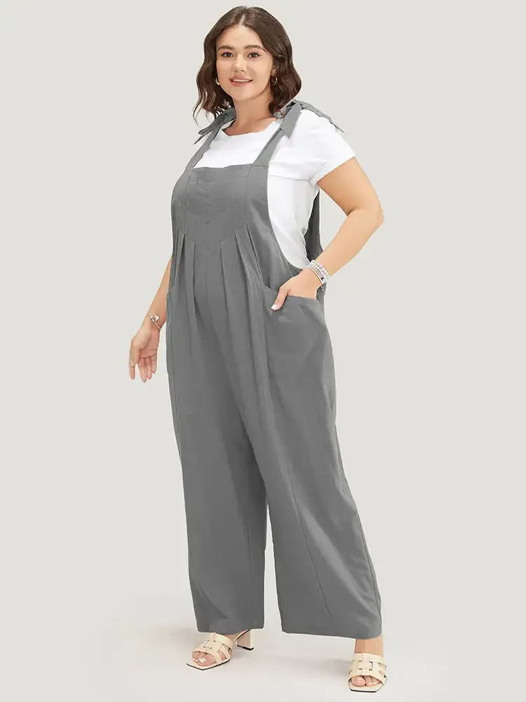 Solid Pleated Detail Pocket Knotted Shoulder Overall Jumpsuit