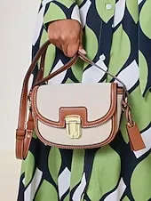 Women's Crossbody Bag – Vintage Leather Trim Small Shoulder Purse with Buckle Closure – Beige and Brown, Ideal for Daily Use and Travel