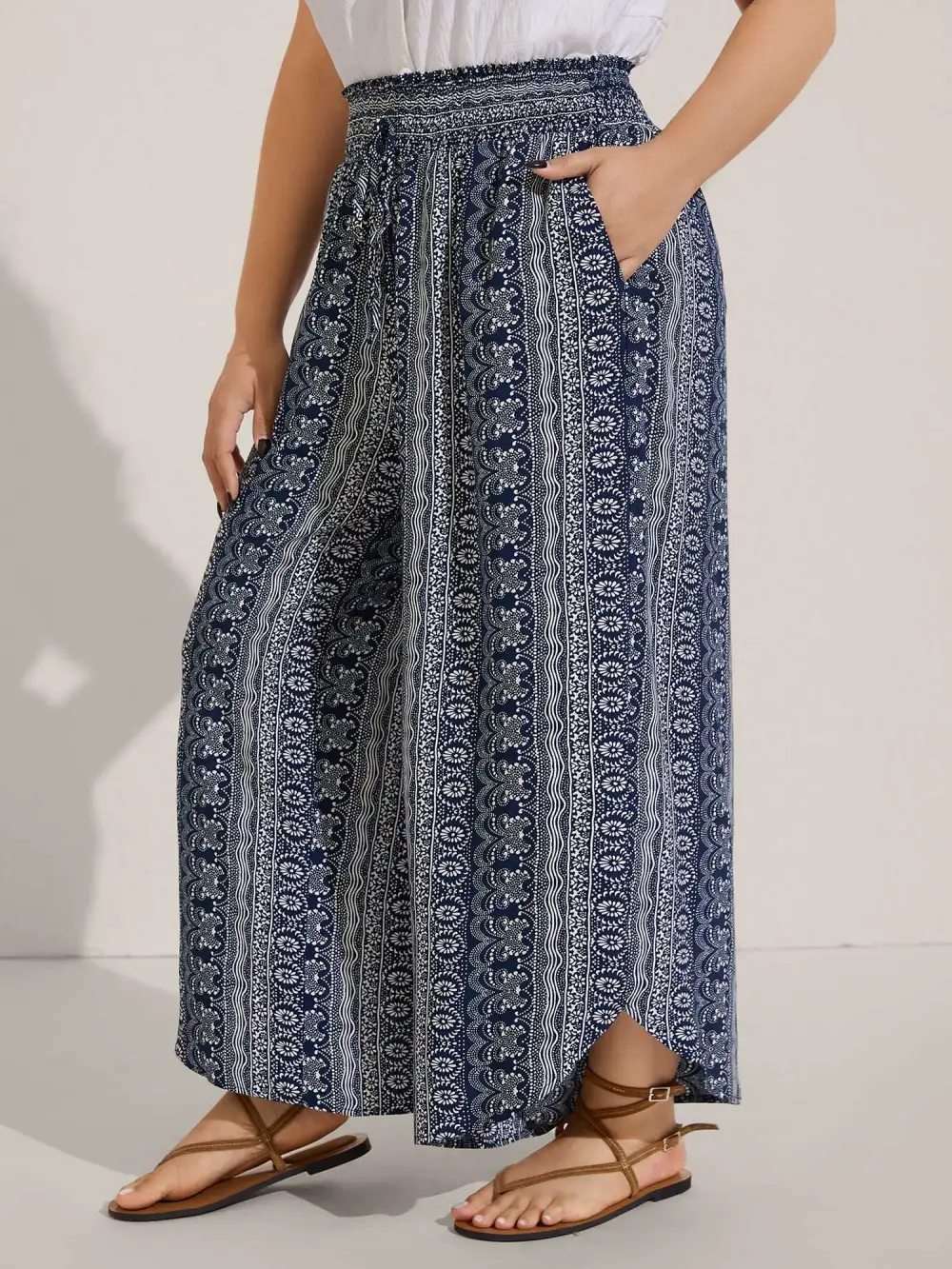 Boho Print Shirred Waist Wide-Leg Pants