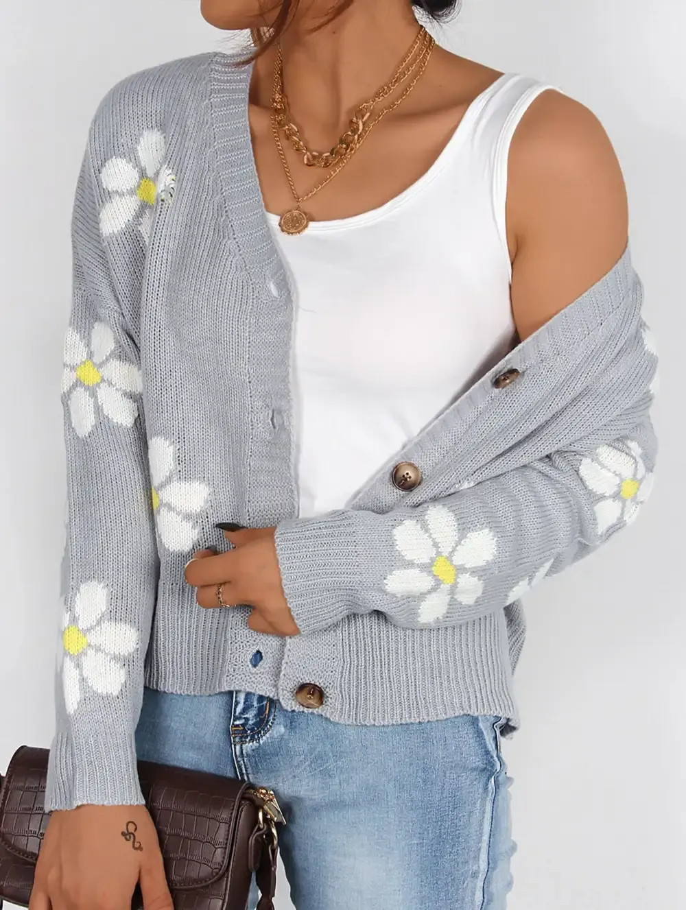 Fall Floral Button Varsity Sweater Jacket