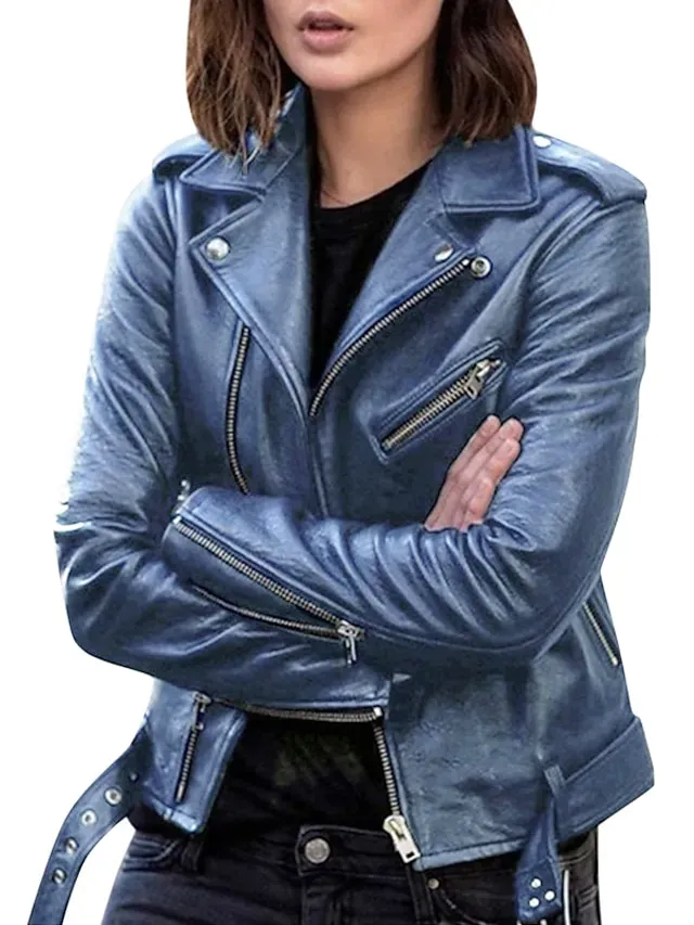 Women's Faux Leather Jacket Fall Moto Biker Coat Waterproof Street Wear with Pocket Zipper Turndown Casual Outerwear Long Sleeve Winter Windproof Black Blue Wine M L XL