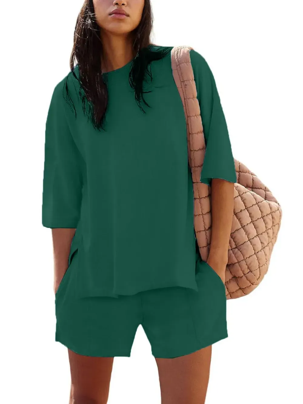 ✨2025 NEW Trendy Casual Solid Color Suit with Slit Top and Shorts