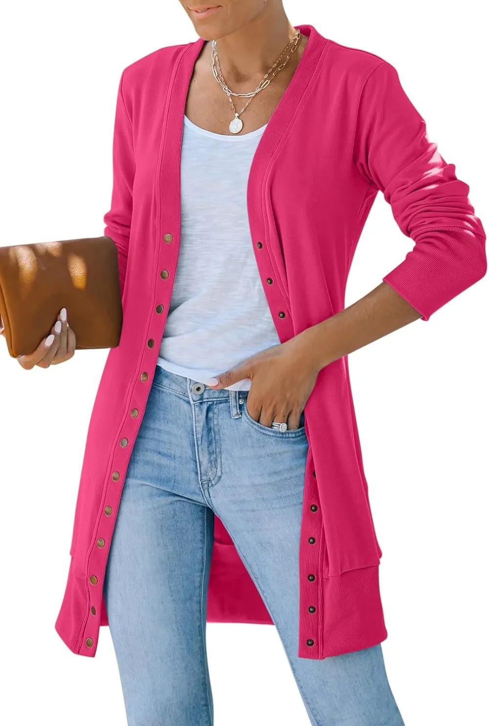 Women's 2024 Fall Long Sleeve Snap Button Down Solid Color Knit Ribbed Neckline Cardigans