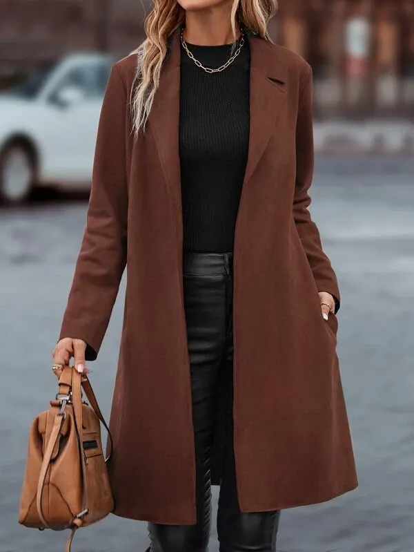 Lapel Neck Slant Pockets Open Front Belted Coat