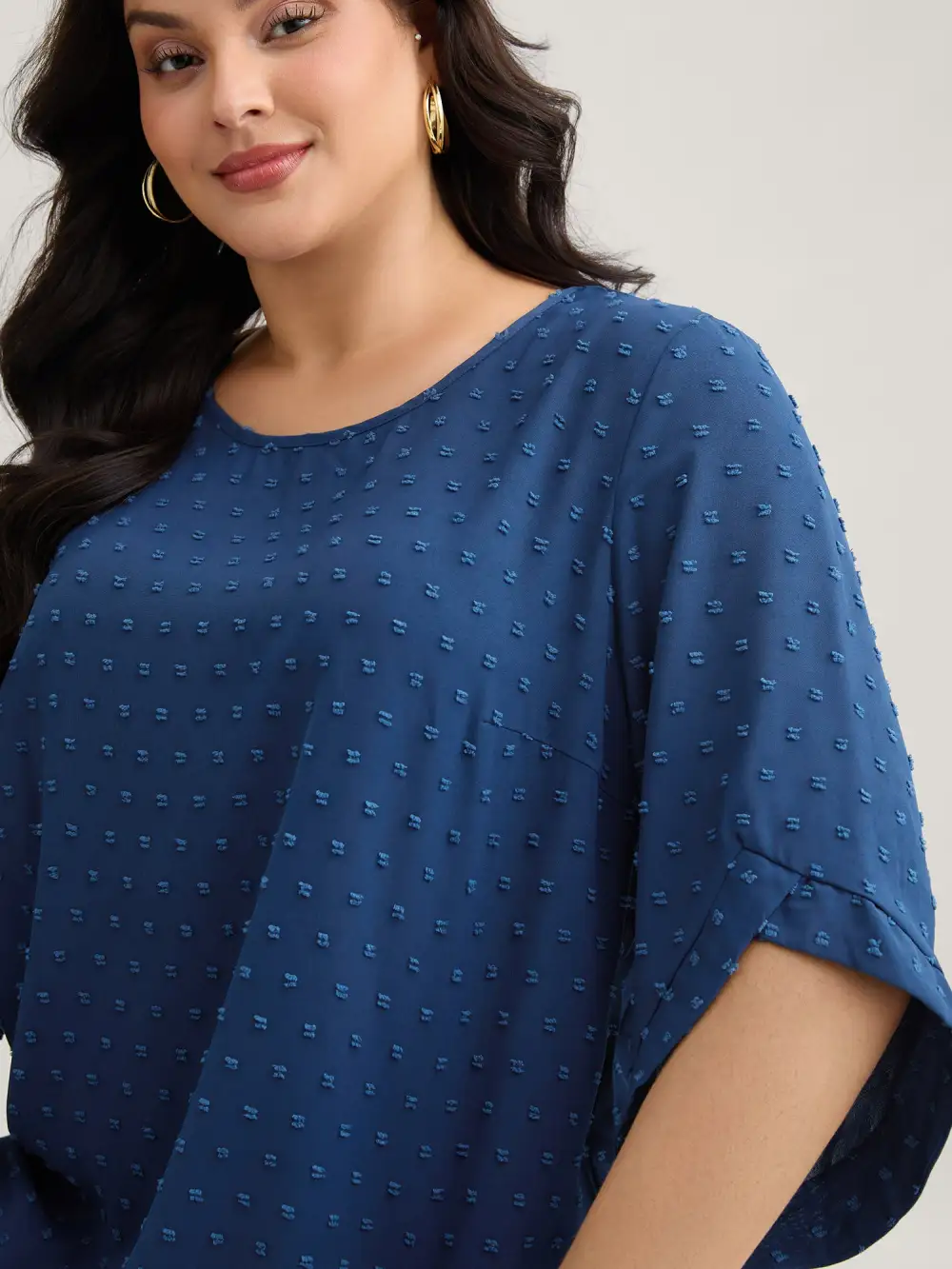 Textured Round Neck Bell Sleeve Blouse