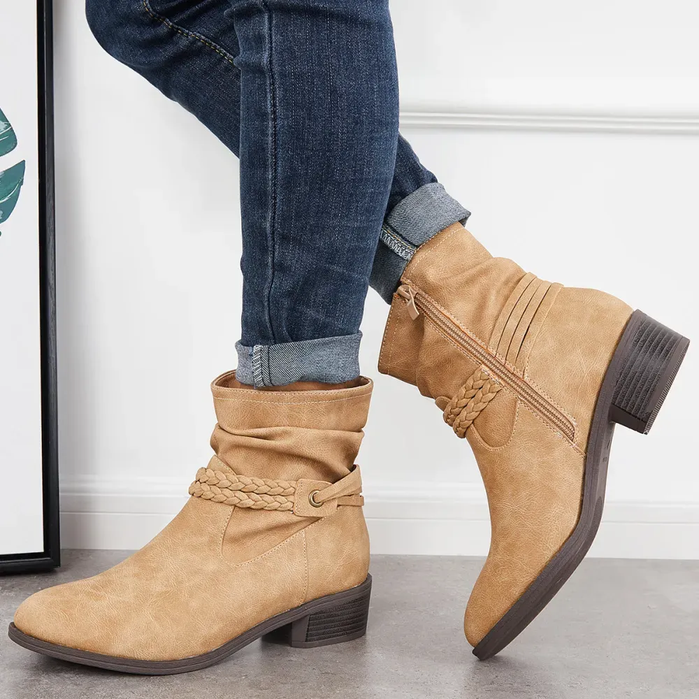 Slouchy Ankle Boots Braided Strap Chunky Block Heel Booties