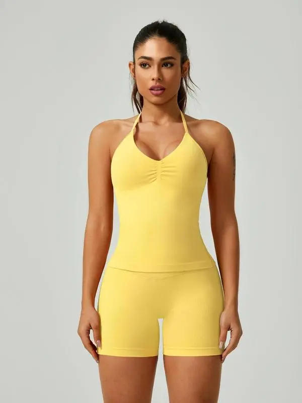 Women's Solid Ruched Design Backless Halter Top & High Waist Shorts Tracksuit Set