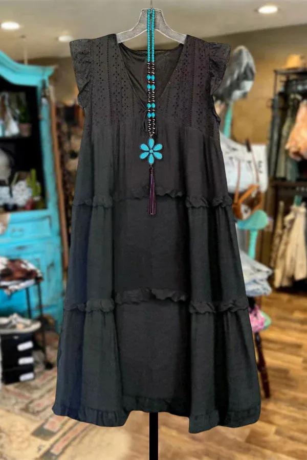 Solid Hollow Out Ruffled V-Neck Dress