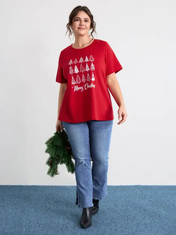 Cozy Christmas Print Round Neck T-Shirt