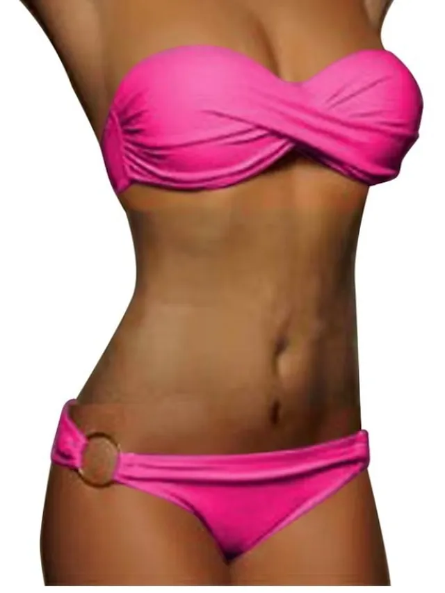 Women's Swimwear Bikini 2 Piece Normal Swimsuit Ruched 2 Piece Open Back Sexy Pure Color Black White Yellow Pink Red Padded Strapless Bathing Suits New Vacation Beach Wear