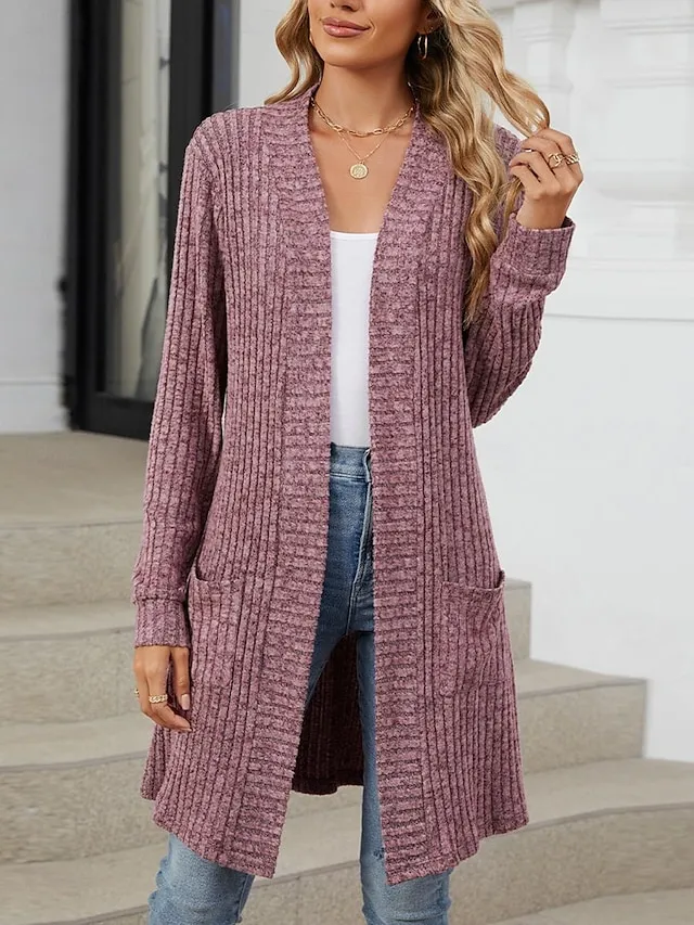 Women's Cardigan Open Front Knit Polyester Pocket Spring Fall Regular Daily Daily Long Sleeve Solid Color