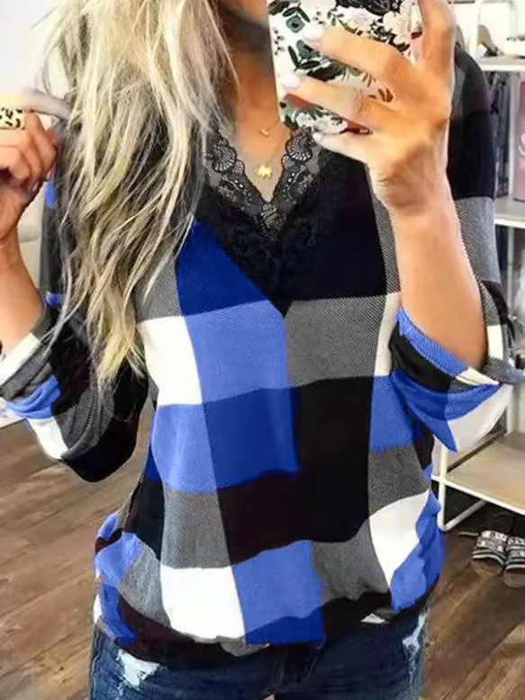 Women's T-Shirts V-Neck Lace Plaid Long Sleeve T-Shirt（⚡Clearance Sale）