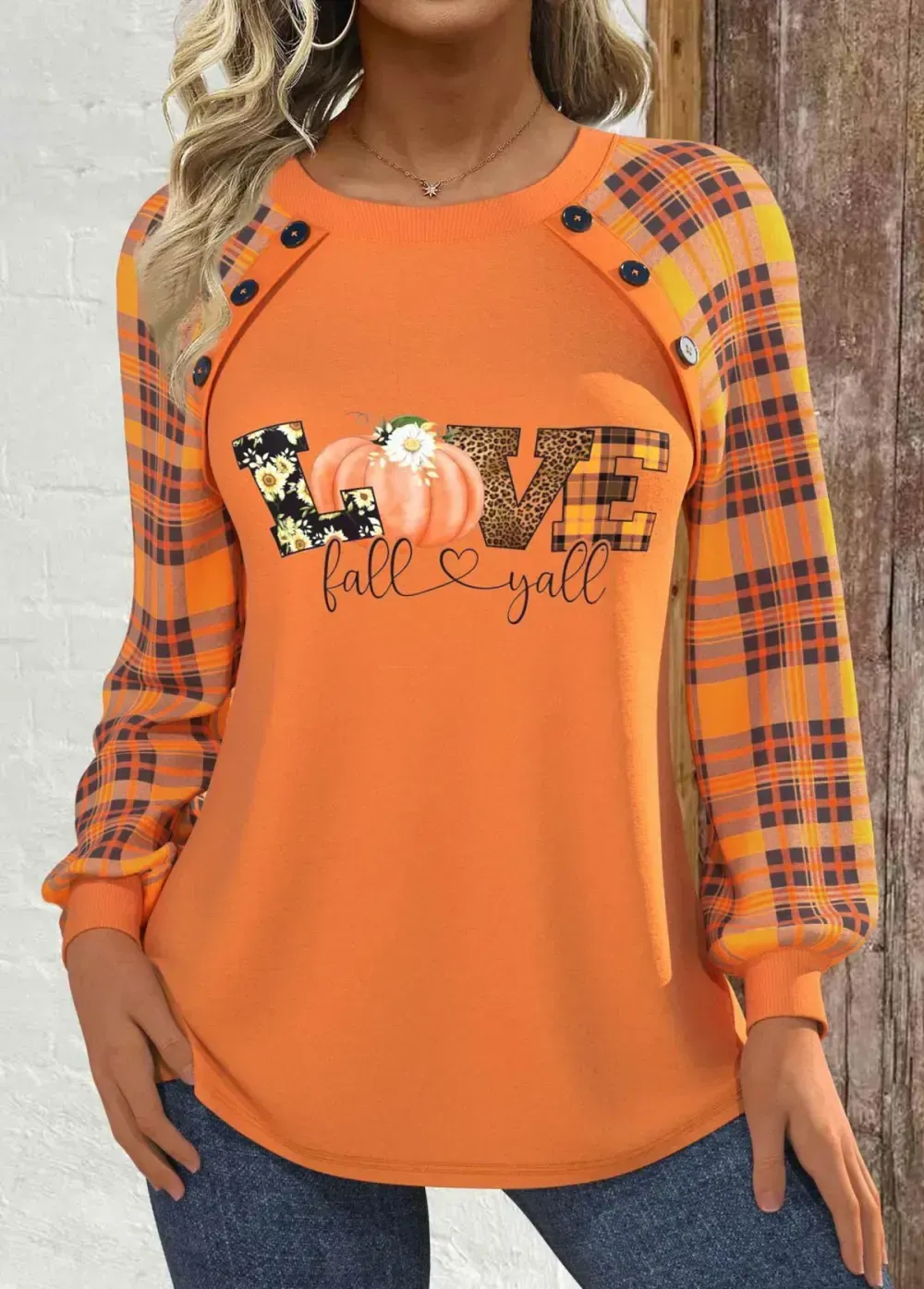 Halloween Orange Button Long Sleeve Round Neck Sweatshirt