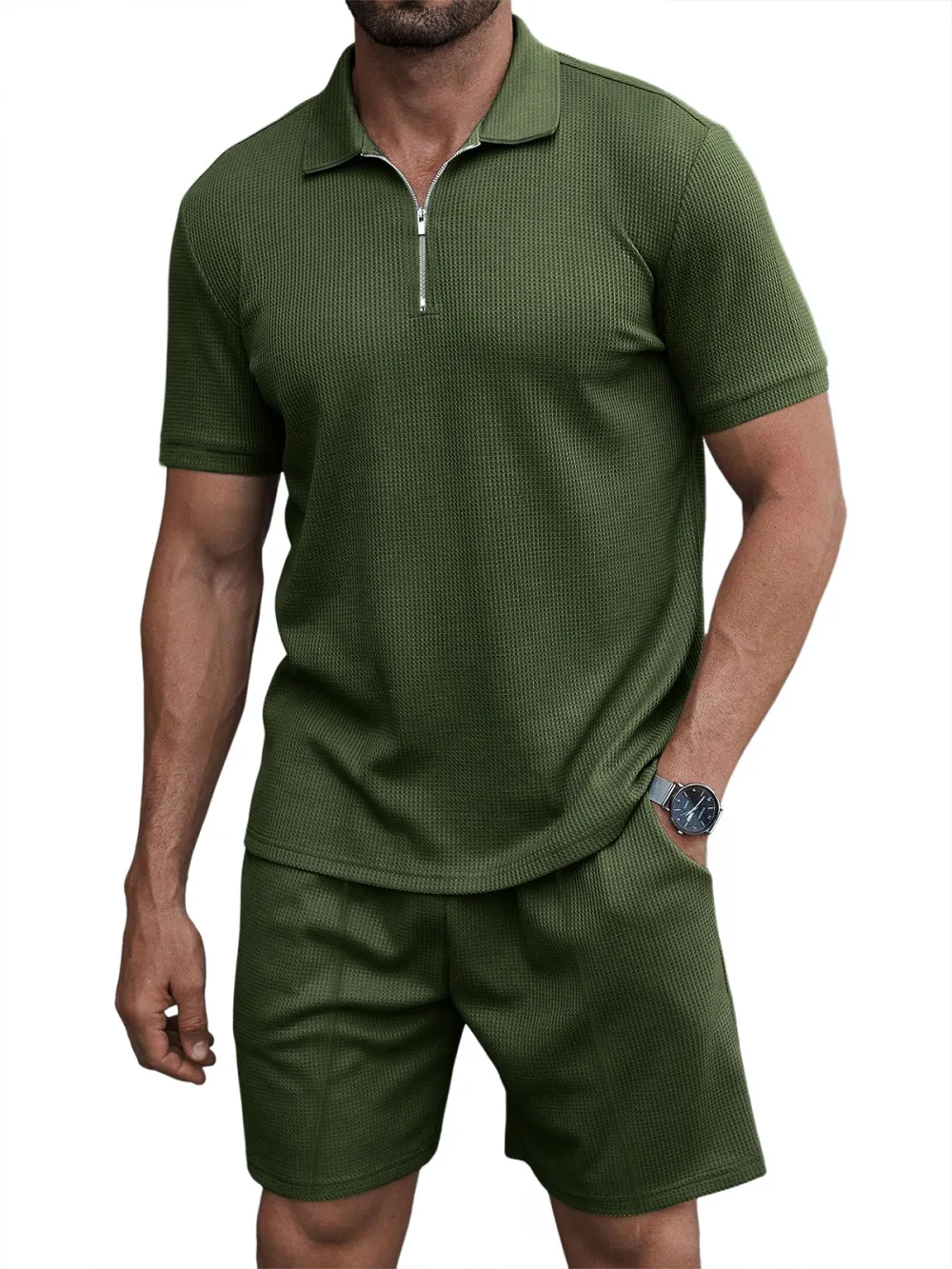 Men's Casual Waffle Zipper Short Sleeve Polo Suit