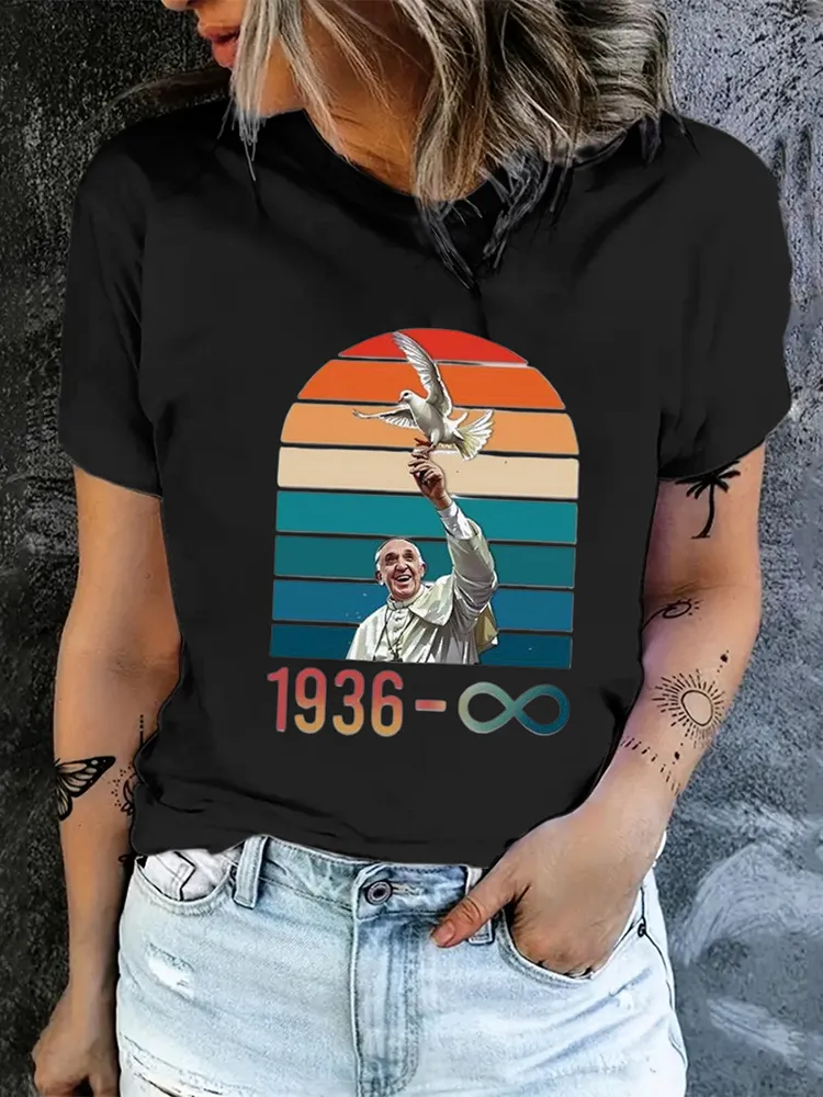 Women's 1936-2025 Print Short Sleeve Round Neck Cotton T-Shirt