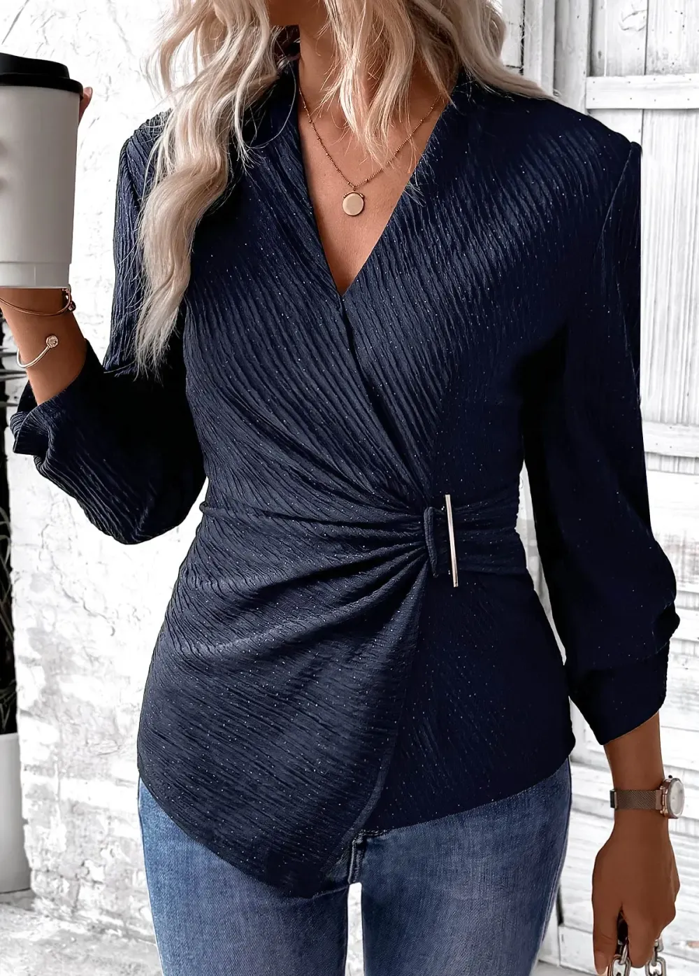 Navy Surplice Long Sleeve V Neck Shirt
