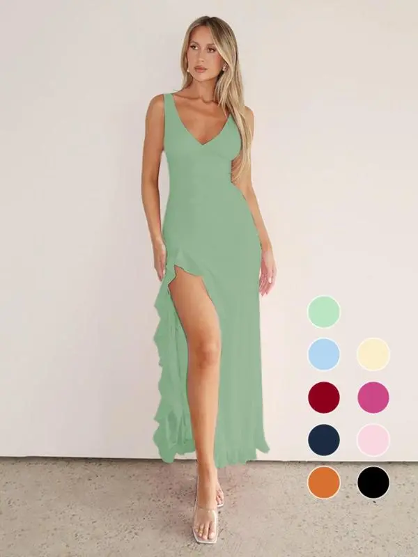 Women's Sleeveless Tank Dress-Solid Color, Thigh Slit, Summer Party Wear