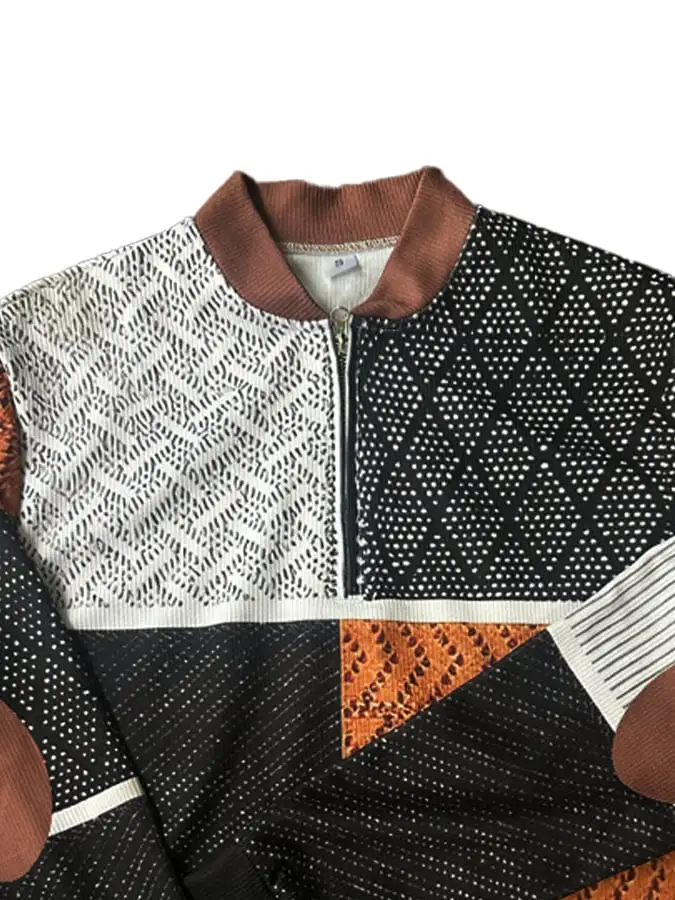 Men's Retro Western Textured Print Zip Collar Sweatshirt