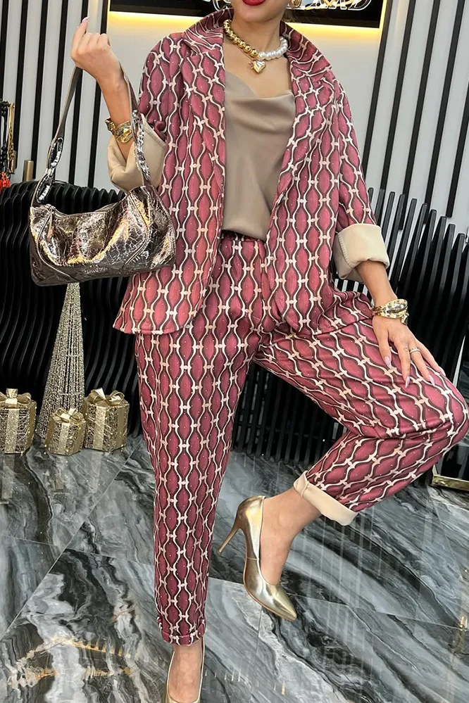 Women's Fashion Pattern Jacket Pants Two Piece Set