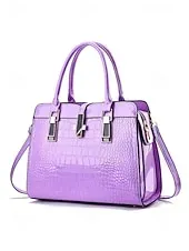 Women's Burgundy Patent Faux Leather Handbag - Croc Embossed Structured Tote Bag with Top Handle and Shoulder Strap, Perfect for Mother's Day Gift, Office, Business and Formal Occasions