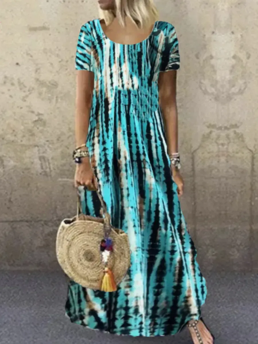 Ladies Round Neck Short Sleeve Tie-dye Printed Maxi Dress