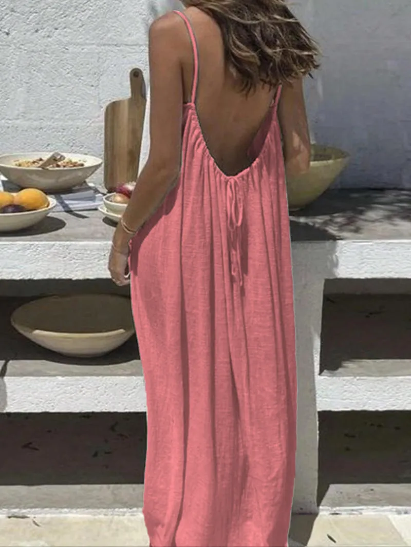 Women's Backless Cami Dress – Sleeveless Solid Color Summer Outfit