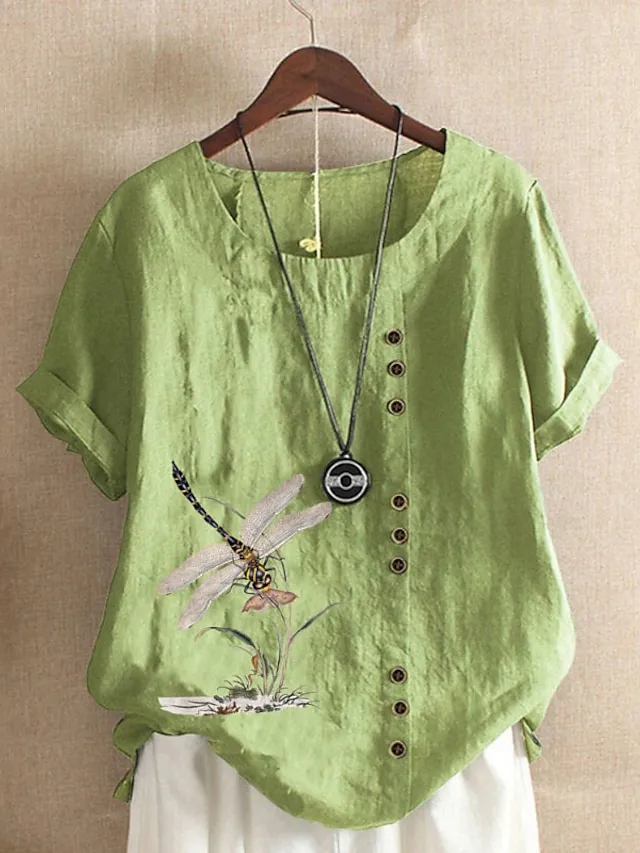 Women's Linen Shirt T shirt Tee Blouse White Pink Blue Floral Button Print Short Sleeve Daily Going out Weekend Streetwear Crewneck Regular Fit Summer Spring