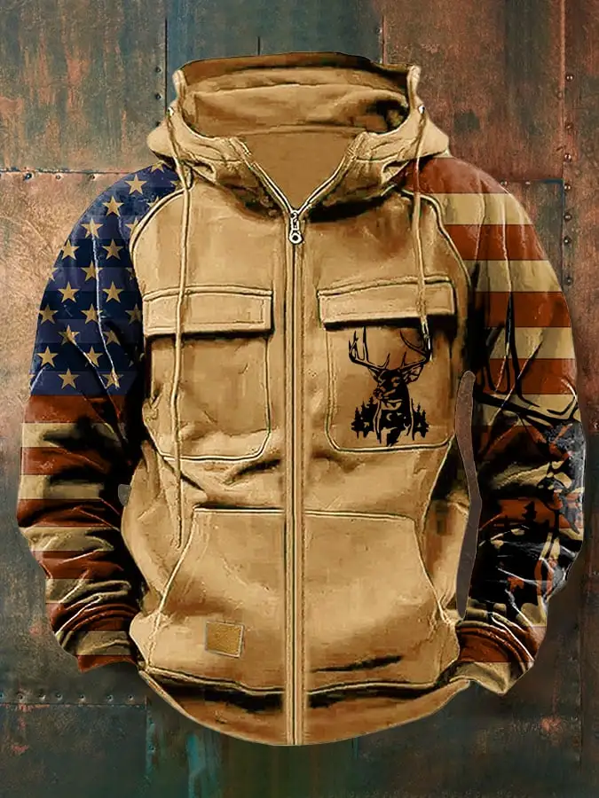 Men's Vintage Western Deer Print Multi-Pocket Jacket