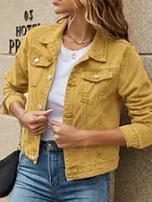 Women's Denim Jacket Comfortable Pocket Buttons Casual Plain Holiday Weekend Single Breasted Regular Turndown Regular Fit Long Sleeve Outerwear Black White Yellow Fall