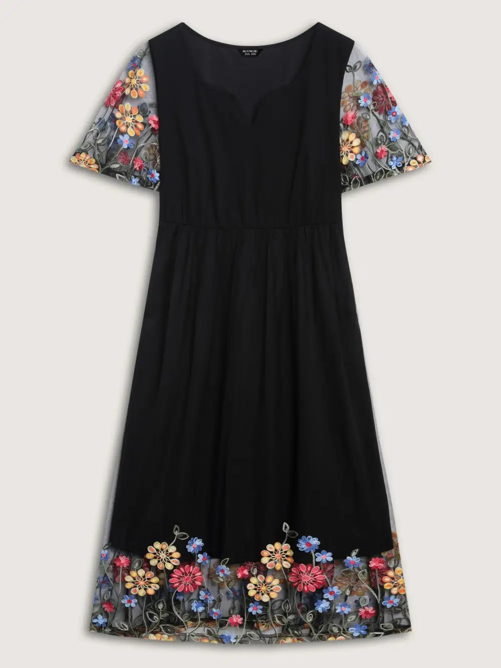 Colorful Floral Sheer Sleeve Cinched Midi Dress