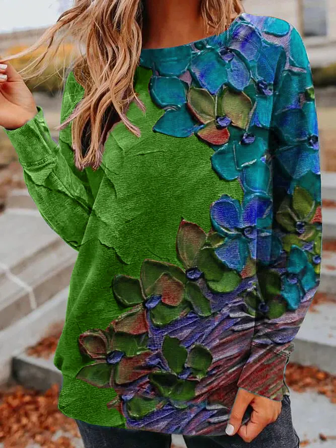 Crew Neck Floral Casual Sweatshirt