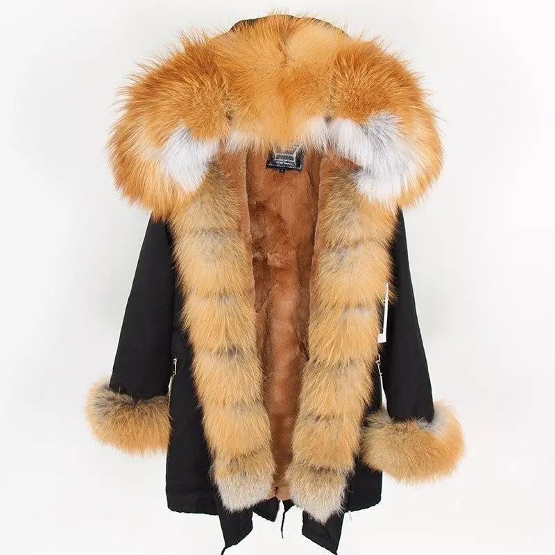 ✨Clearance Sale✨ Women's Parka Fox Fur Coats Real Fur Winter Long Black Park Cotton Thick Warm