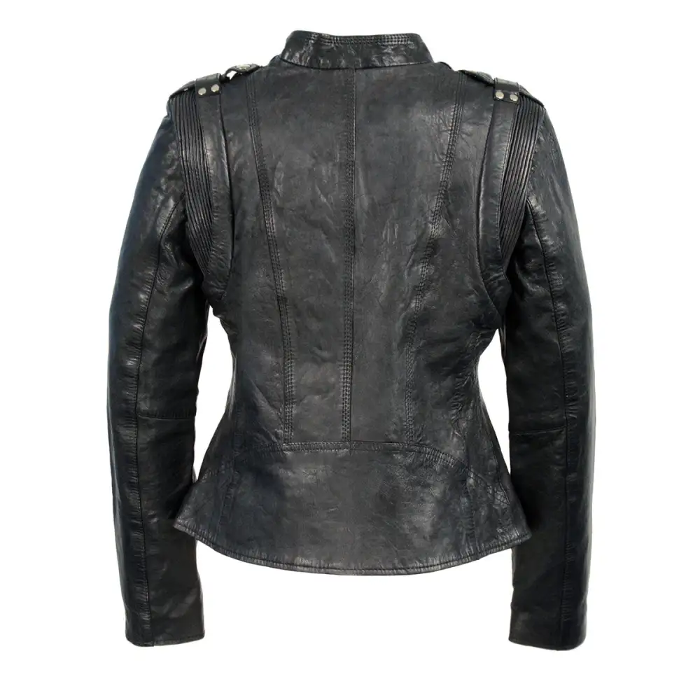 Leather Women's Black Leather Motorcycle Style Fashion Jacket with Asymmetrical Zipper SFL2845