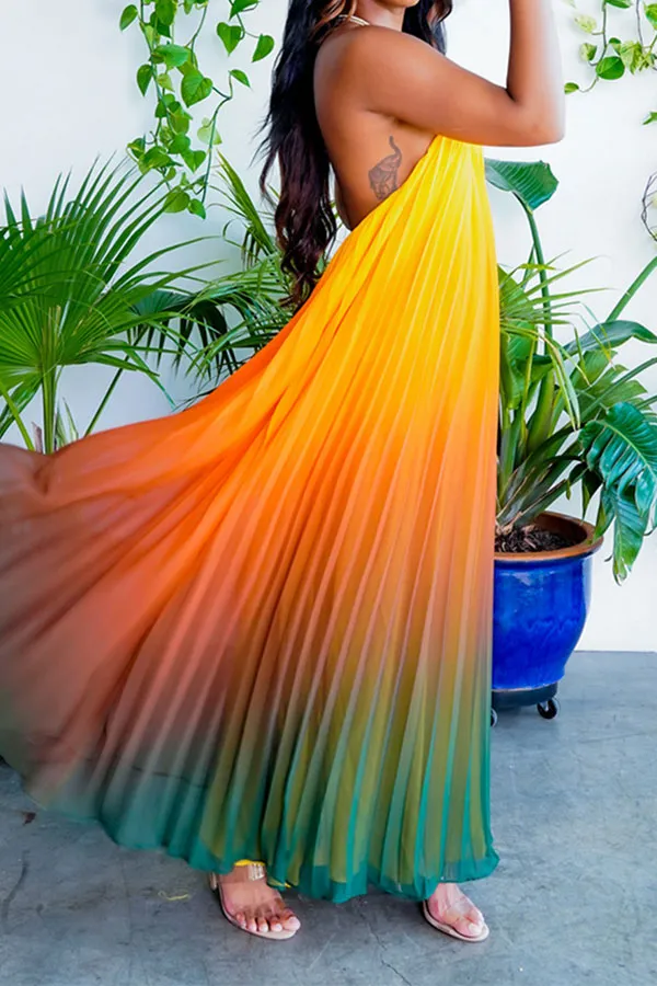 Gradient Glamorous Pleated Backless Maxi Dress