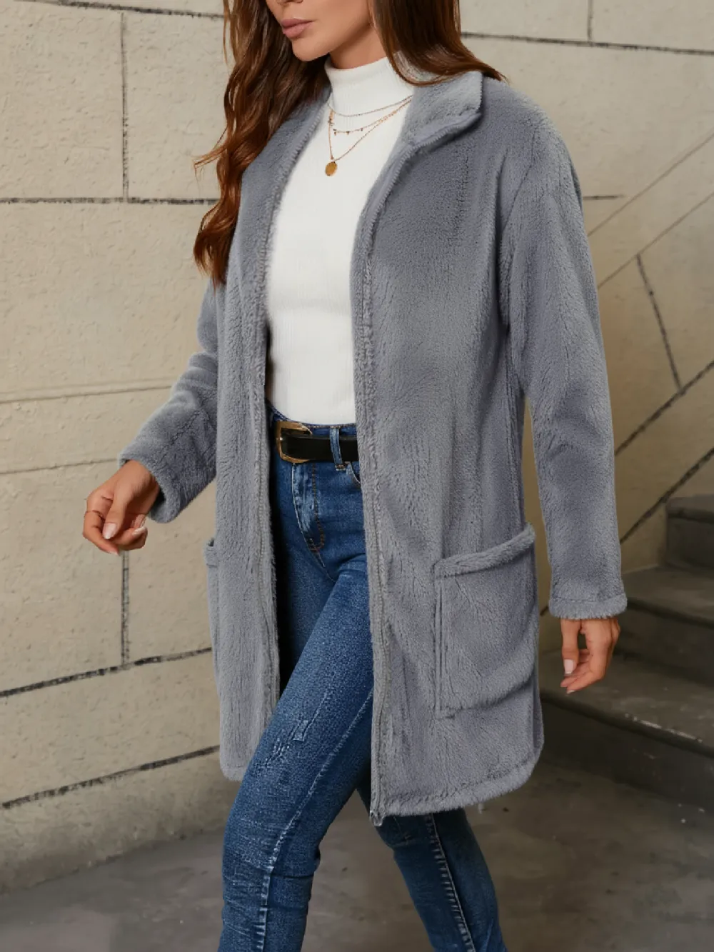 Women's Fleece Zip-Up Longline Teddy Coat