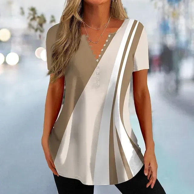 Women's T shirt Tee Black Pink Blue Color Block Button Print Short Sleeve Daily Weekend Basic V Neck Regular Painting S