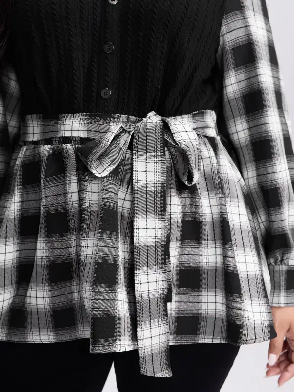 Checkered Faux-Layered Button Detail Blouse