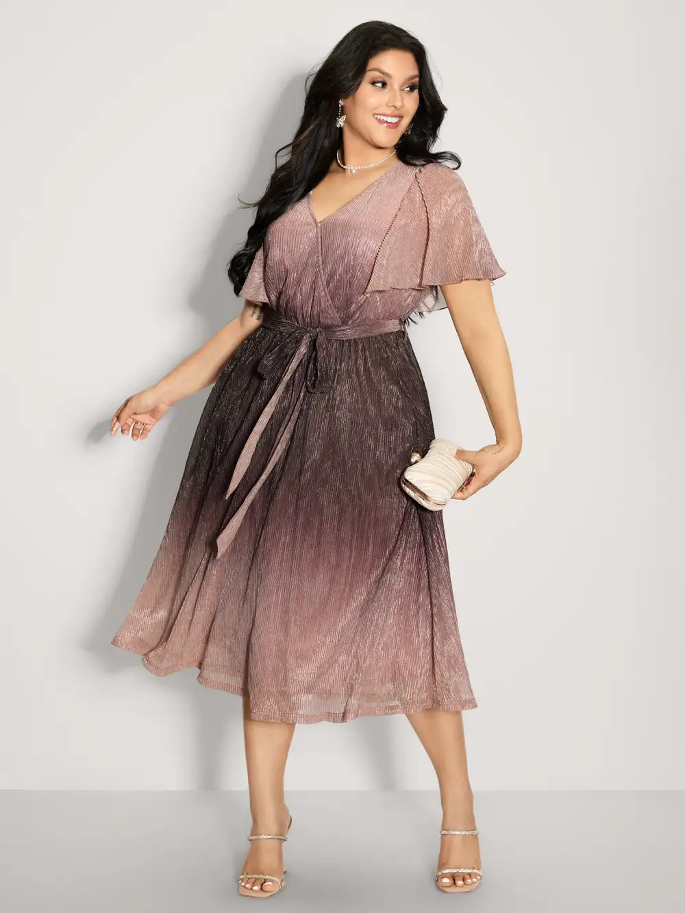 Color Gradient Pockets Belted Midi Dress