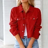 Women's Denim Jacket Comfortable Pocket Buttons Elegant Fashion Outdoor Plain Going out Casual Daily Weekend Cardigan Regular Lapel Regular Fit Long Sleeve Outerwear Black White Yellow Spring Fall