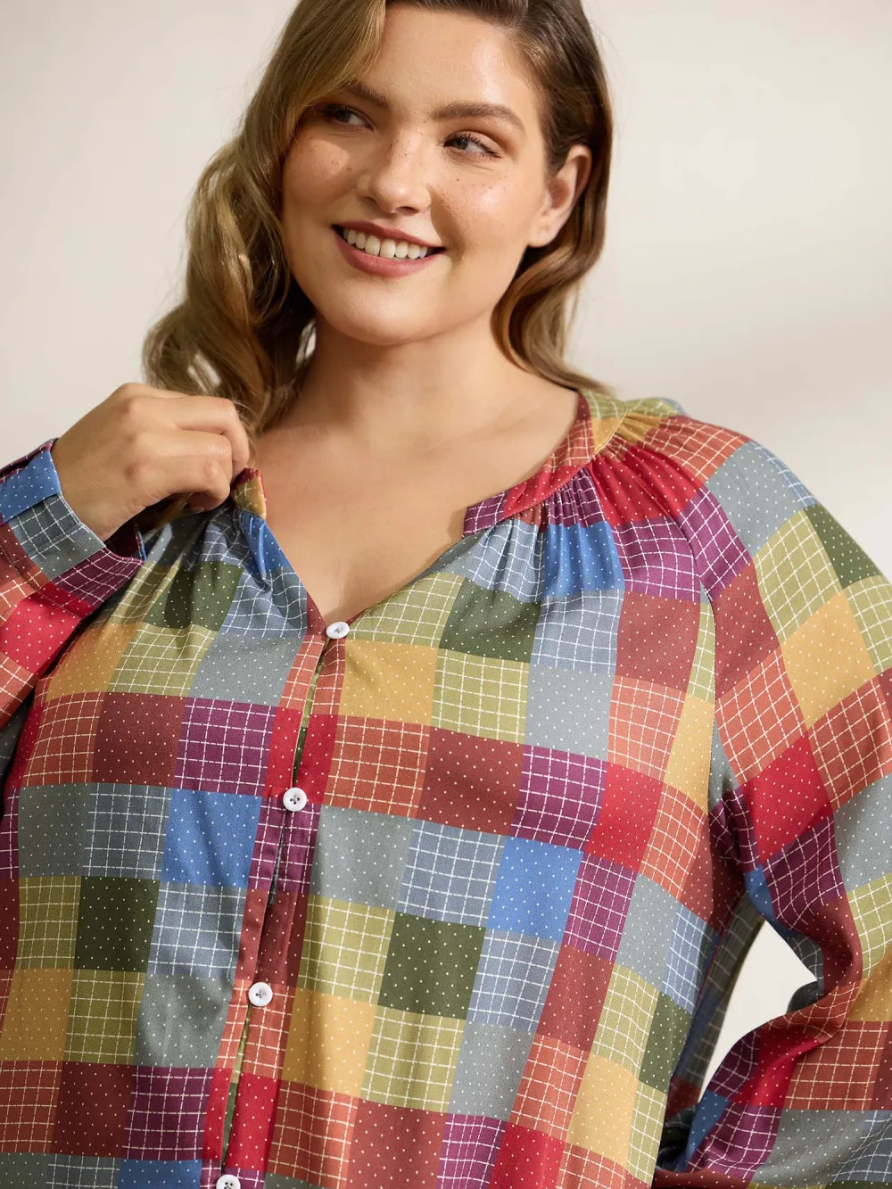 Colorful Check Print Button Relaxed-Fit Blouse