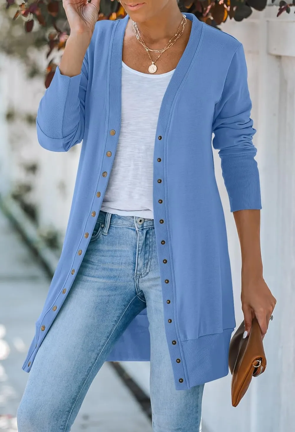 Women's 2024 Fall Long Sleeve Snap Button Down Solid Color Knit Ribbed Neckline Cardigans