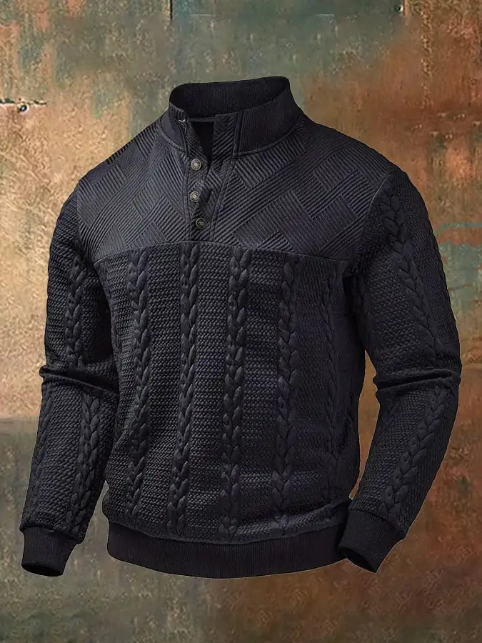 Men'S Vintage Jacquard Fabric Button-Down Stand Collar Long-Sleeved Sweatshirt